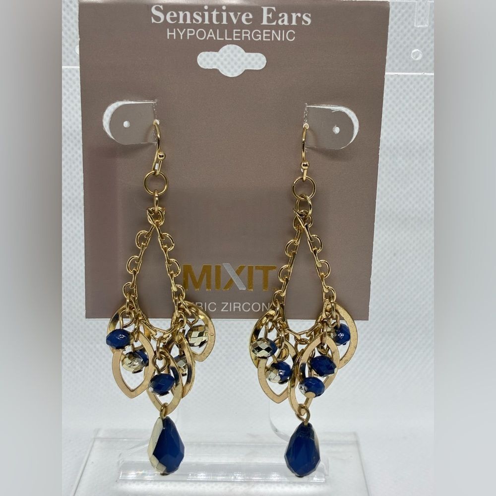 3For$20 Mixit Gold and Blue Faceted Teardrop Chain Dangle Earrings
